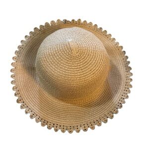 Anne Klein Tan Wide-Brimmed Sun Hat with Pom-Pom Trim